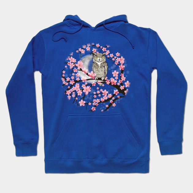 Great horned owl in a blossom tree Hoodie by Bwiselizzy